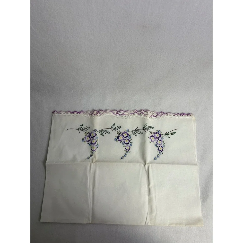 Vintage Cottagecore Hand Embroidered Pillowcase Standard White Purple Floral